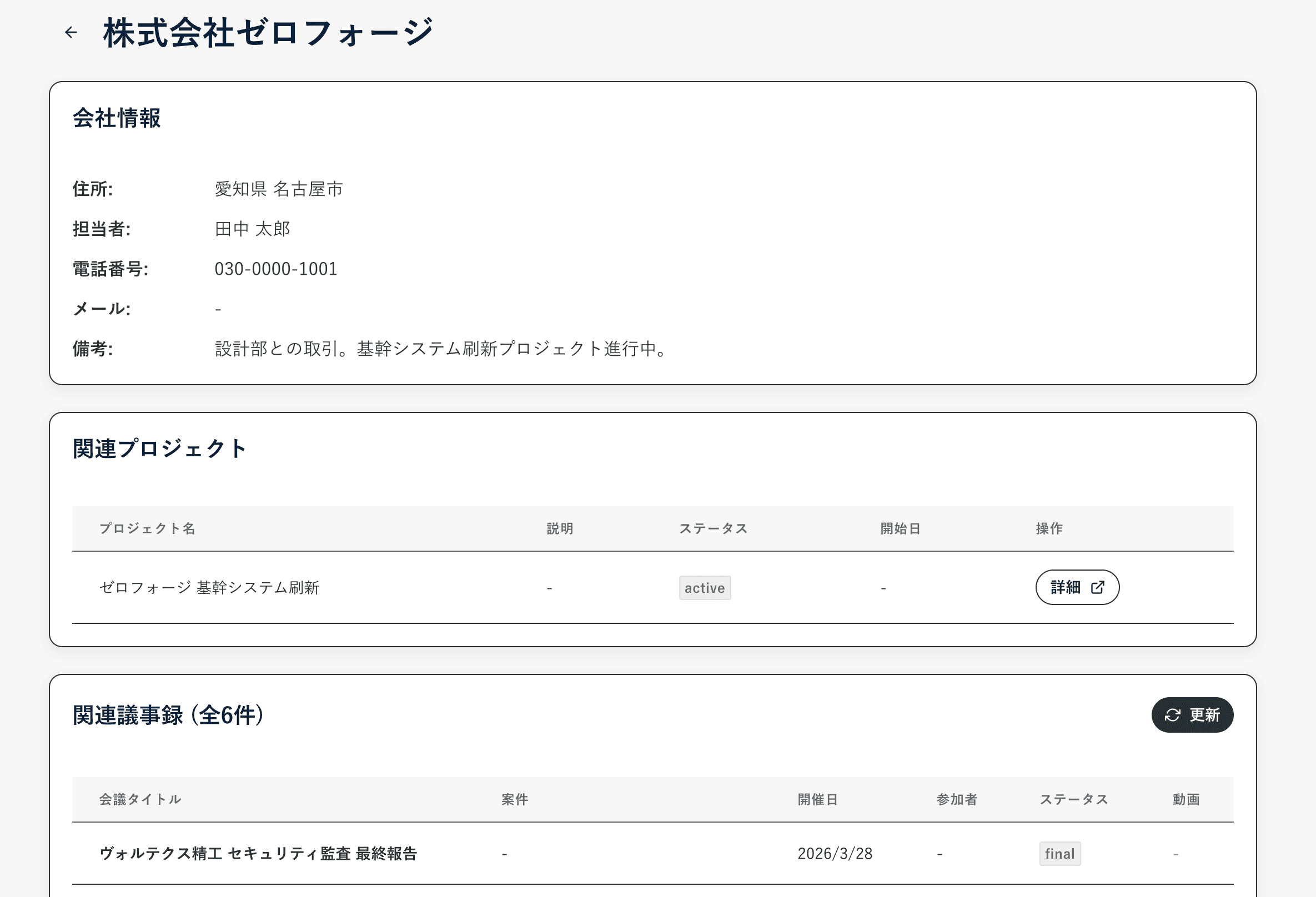 会社詳細・関連情報の画面