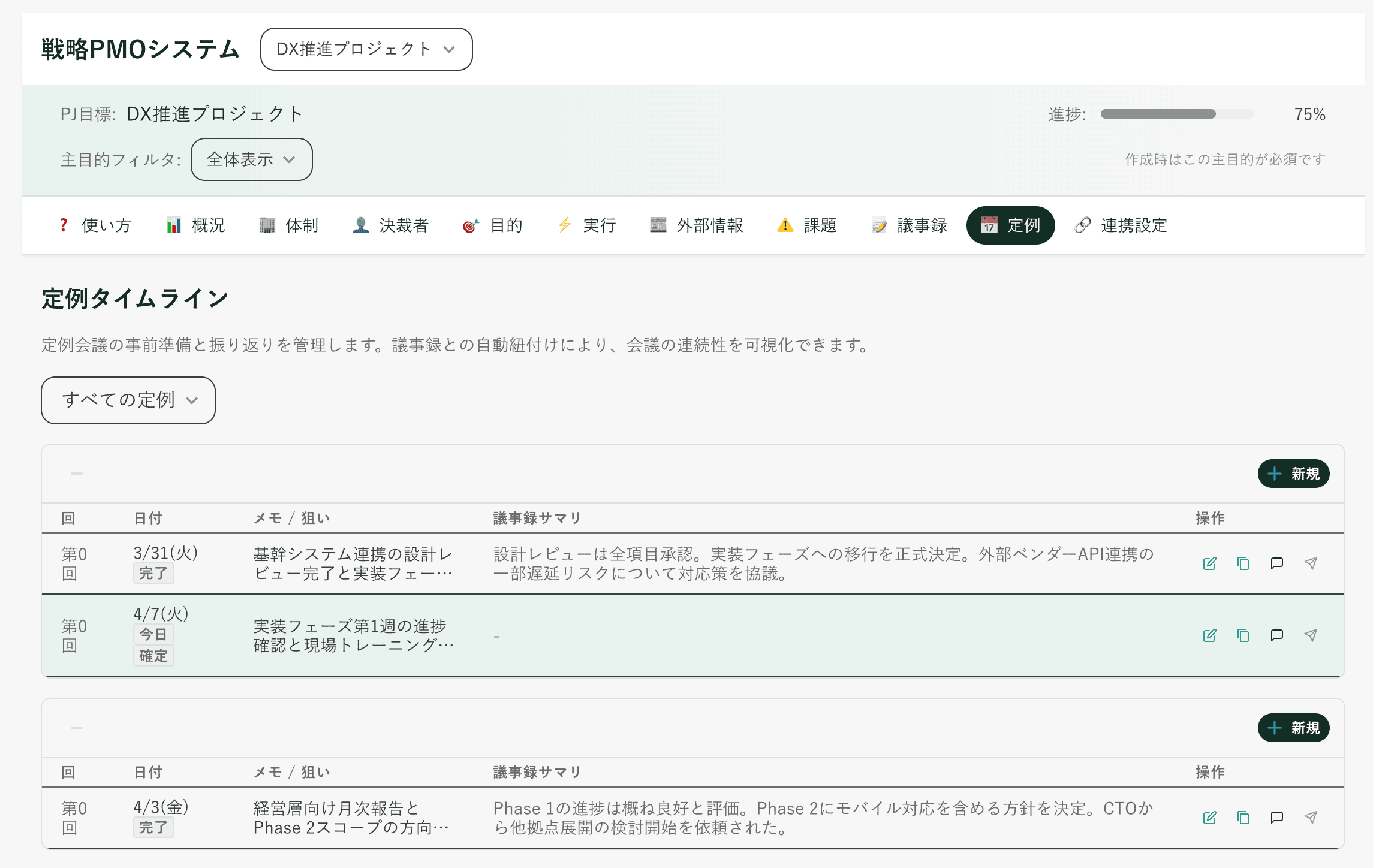 定例会議管理の画面